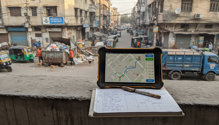 High-angle view of sanitation data displayed on a rugged tablet beside field records.