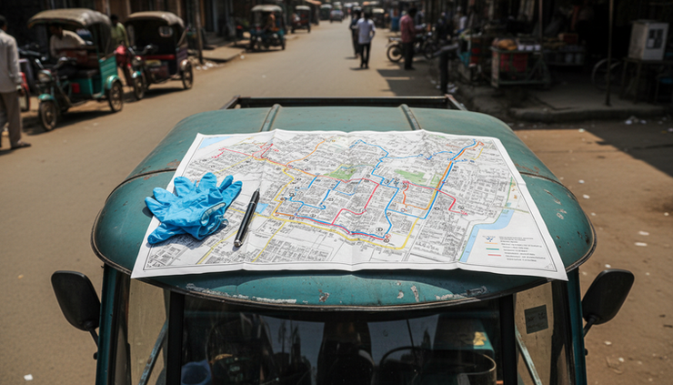Top-down view of a hand-drawn ward map with marked waste collection routes