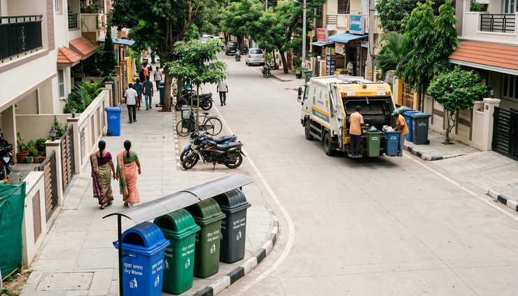 High-angle view of a clean street with waste bins placed along the roadside