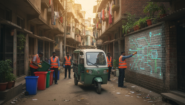 Eye-level view of a waste collection vehicle moving through a mapped neighbourhood lane.