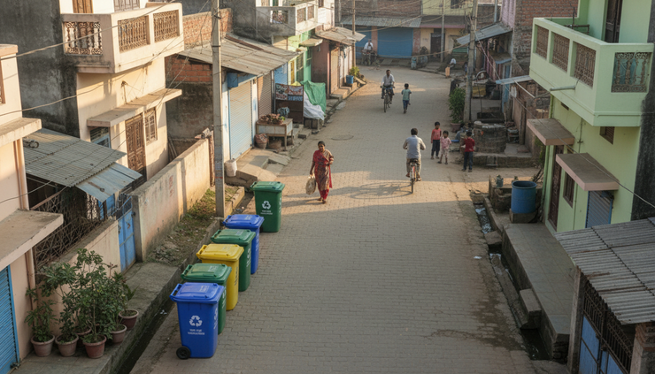 High-angle view of a clean neighbourhood lane with waste bins placed for collection