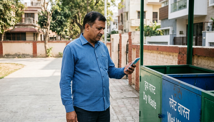 Close-up view of a citizen holding a mobile phone near a waste collection point