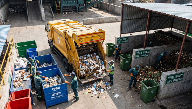 High-angle view of separated wet and dry waste being unloaded at a processing facility