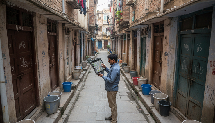 Top-down view of a hand-held device mapping houses along a dense neighbourhood lane.