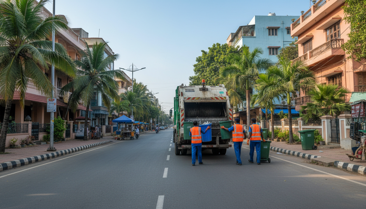 Wide-angle view of a municipal waste collection vehicle on a clean residential street