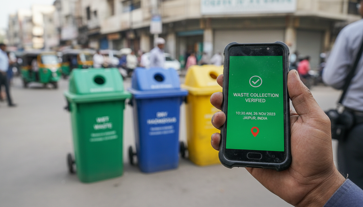 Close-up view of a mobile phone showing a verified waste collection entry beside colour-coded bins.