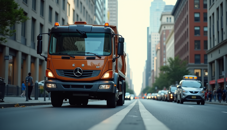 Eye-level view of a city garbage truck equipped with GPS tracking system on a clean urban street