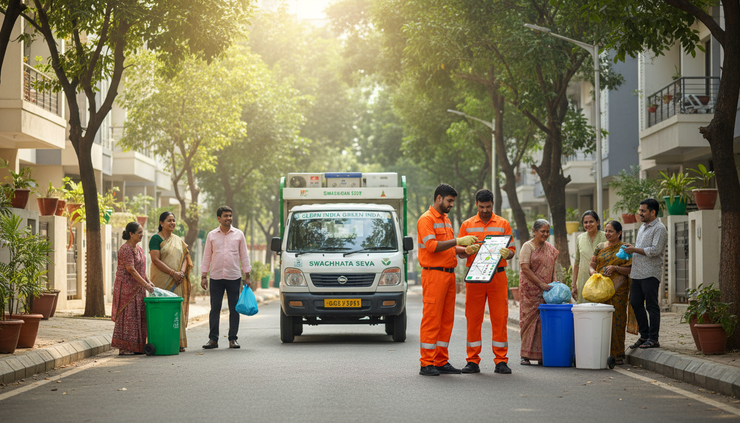 Wide-angle view of a clean Indian neighbourhood with a waste collection vehicle and sanitation workers using a mobile app