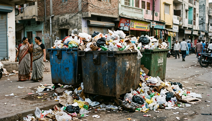 Wide-angle view of overflowing public waste bins on a neighbourhood street