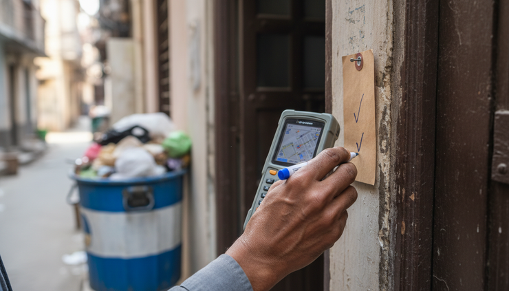 Close-up view of a hand marking a residential property during a sanitation survey