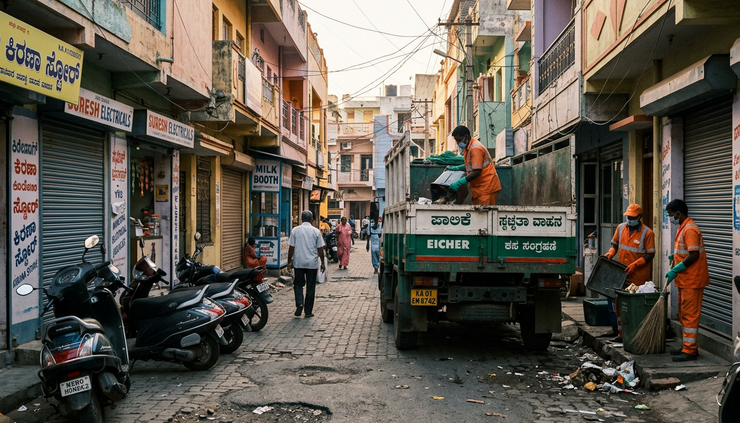 Wide-angle view of a municipal waste collection vehicle waiting on a narrow Indian street.