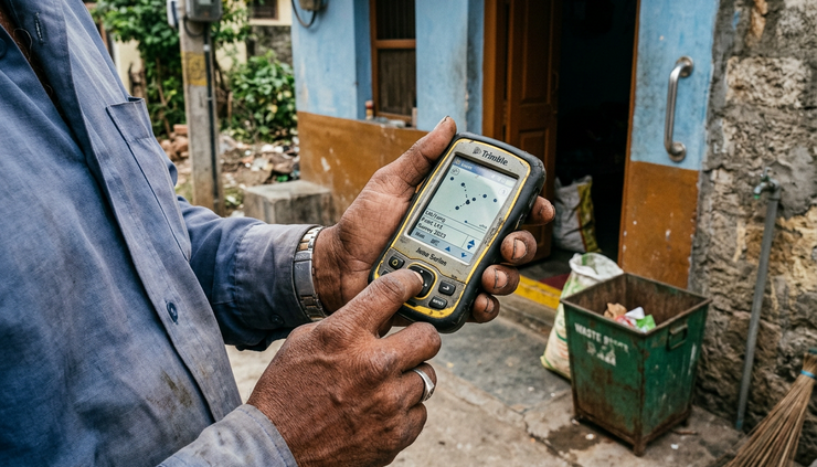 Close-up view of a field worker marking a property location on a handheld mapping device