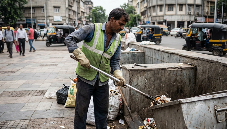 Eye-level view of a sanitation worker clearing waste from a public collection point