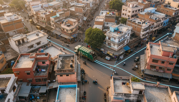 Top-down view of a waste collection route on a neighbourhood road network