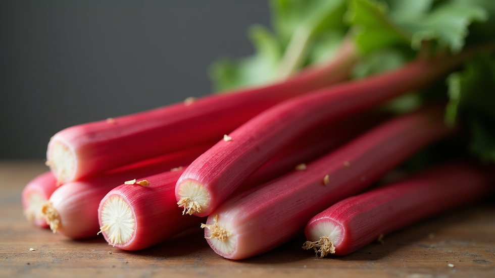 Close-up view of fresh rhubarb stalks on a wooden table