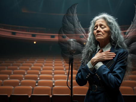 A widów is unable to sing on the stage as she imagines her husband with her