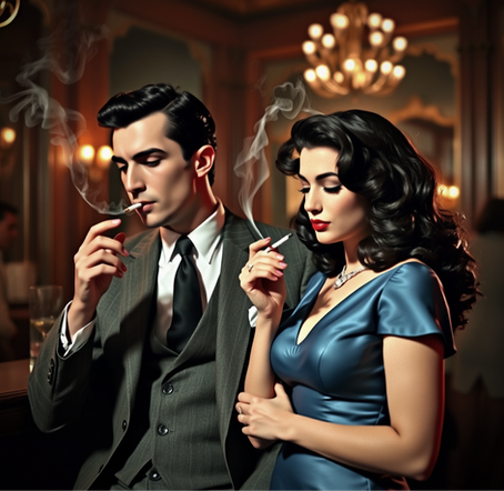 A couple from the 1950s sit in a bar smoking not engaging with each other.