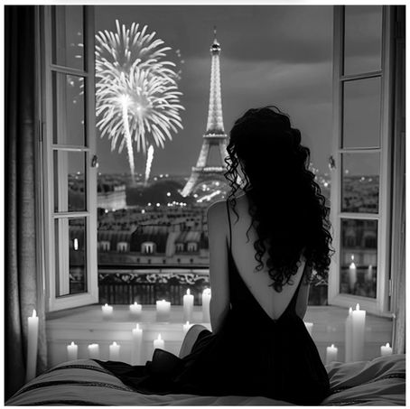 A woman is looking out the window of her paris hotel room with candles and fireworks.