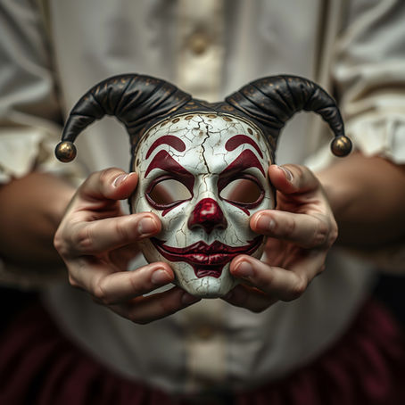 a man is holding together a child's jester's mask that has cracked