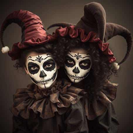 An older and younger version of a woman dressed as a jester