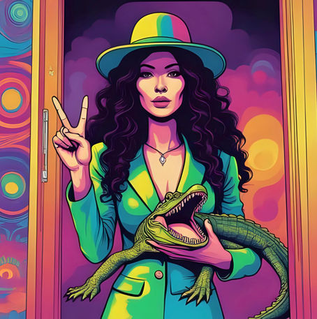 A woman holding a crocodile and giving the peace sign