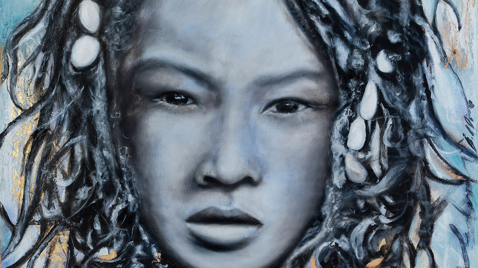 a black and white painting of a woman with dreadlocks