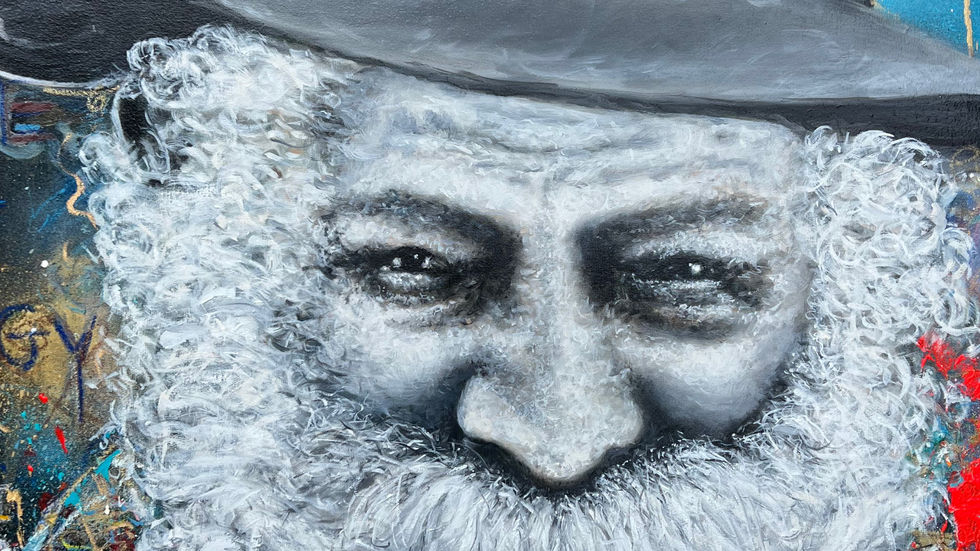 a painting of a man with a beard and a hat that says den