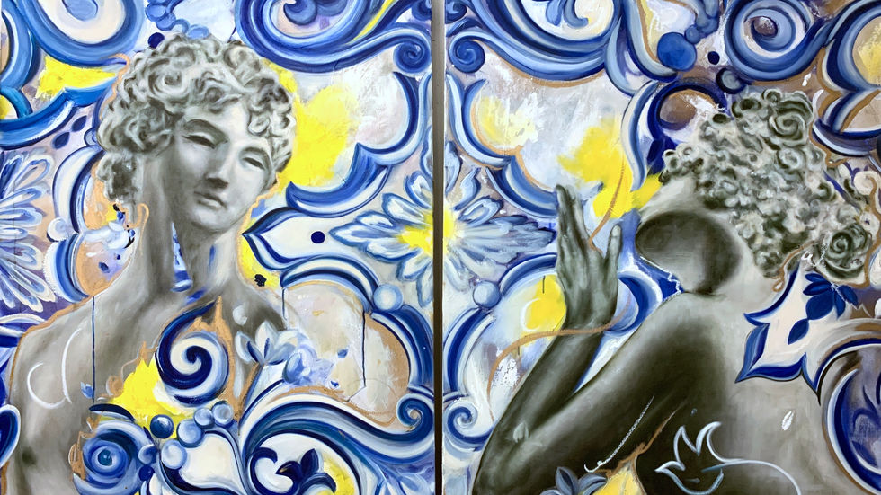 a painting of a woman with blue and yellow swirls