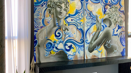 a painting of a woman with blue and yellow swirls