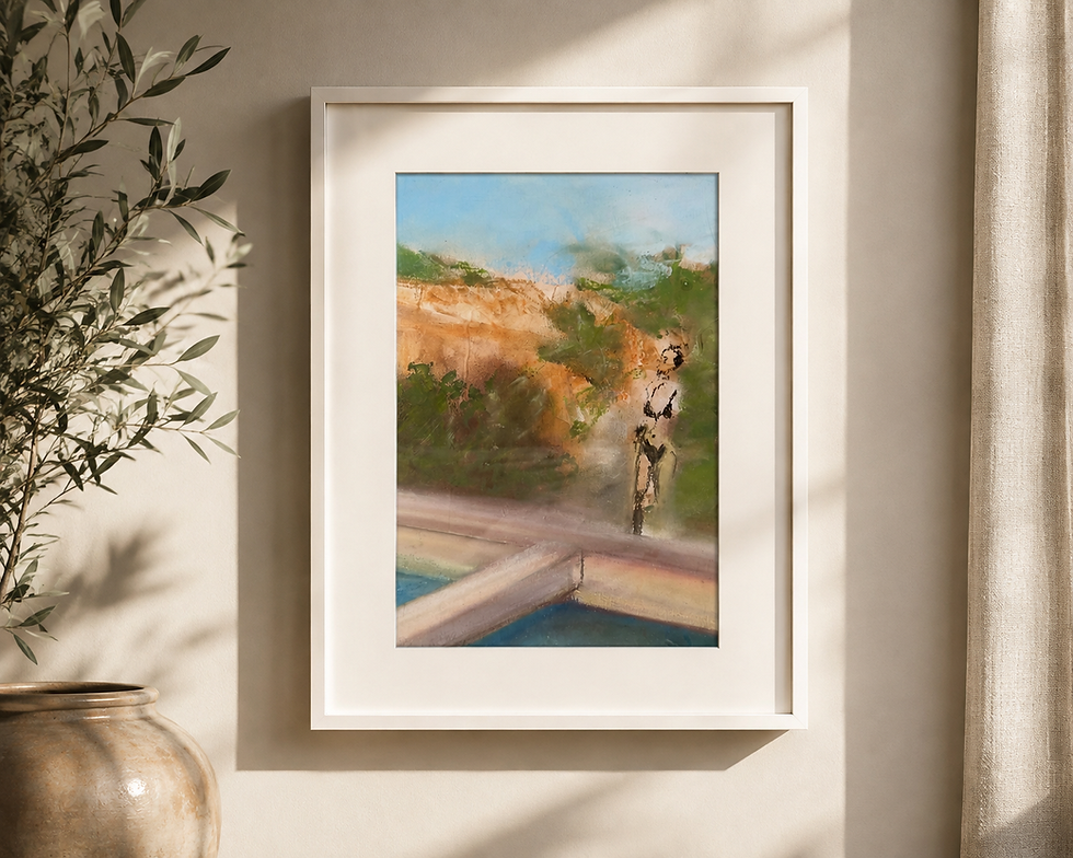 Girl on Vacation — Pool Time, original soft pastel drawing on archival paper by Liron E. Rafael, 2026