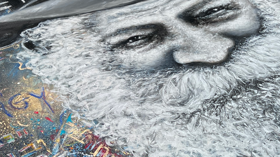 a painting of THE RABBEI LUBOWITCH  A man with a beard and a hat that says curious