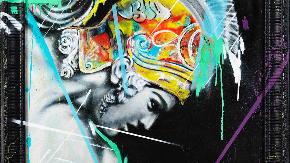 a painting of a man wearing a helmet with the letter b on it