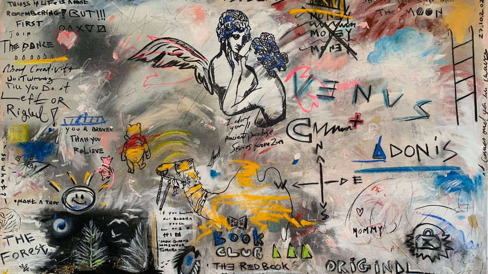 an abstract painting of a adonis holding a hera with the words " be the food of love " and many more qoutes and symbolism 