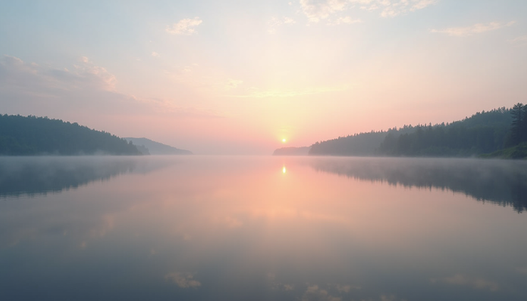 Eye-level view of a serene lakeside at sunrise with calm water reflecting soft pastel skies