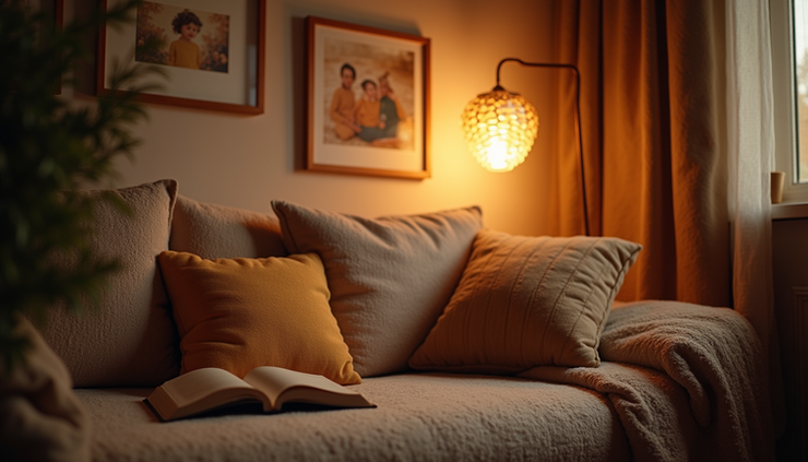 Eye-level view of a cozy reading nook with soft cushions and warm lighting