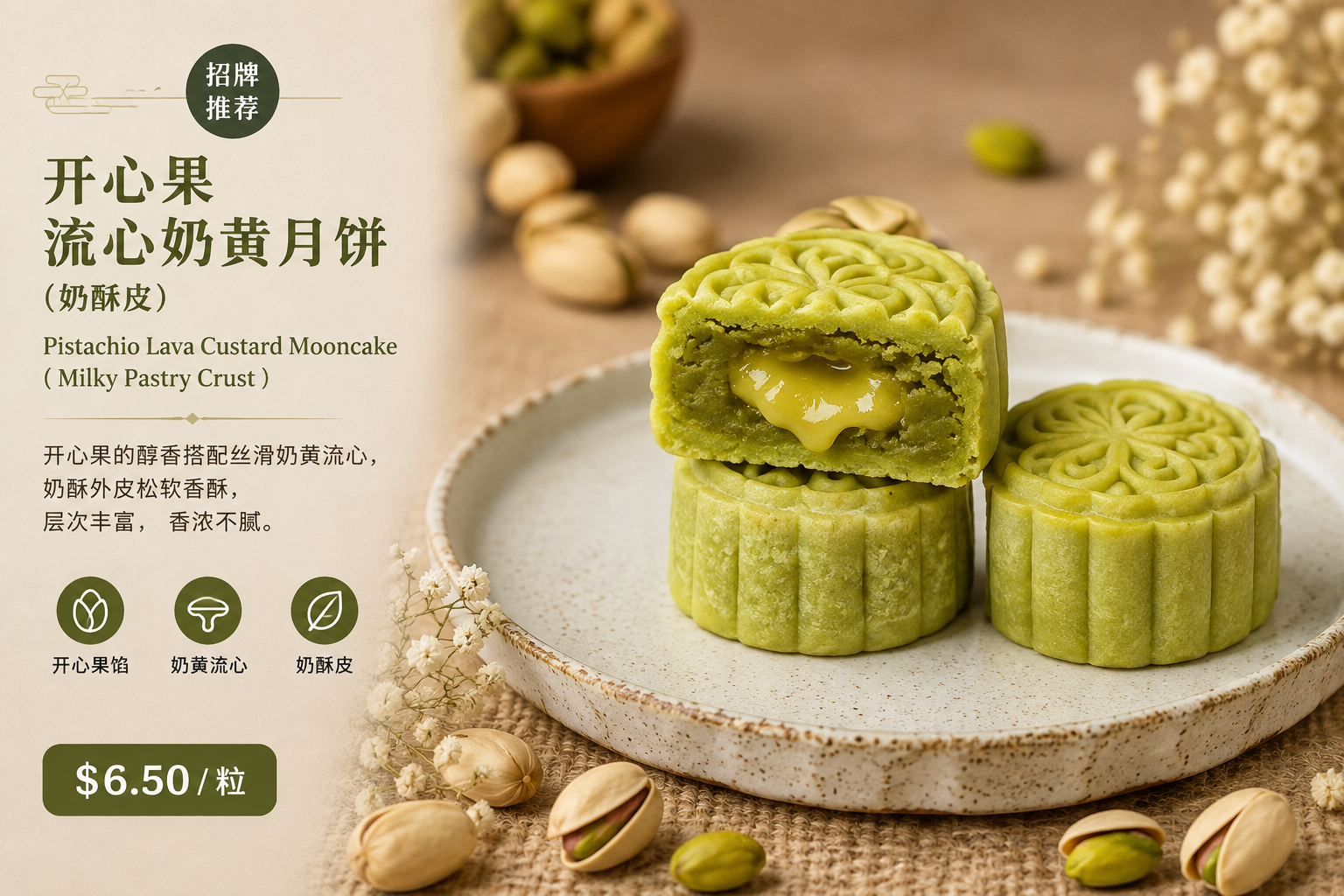 开心果流心奶黄月饼50g