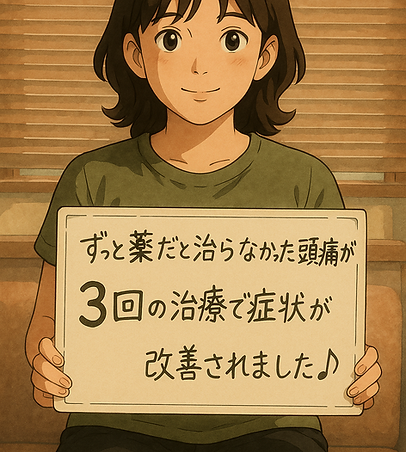 女性が掲げる看板に「ずっと薬だと治らなれた頭痛が改善されました」の文字。常総市 まっく整体YURA