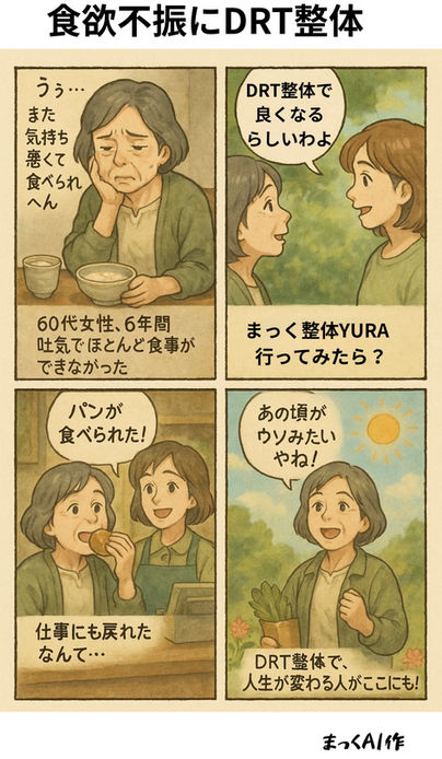 DRT整体で食欲不振が改善、女性の漫画。DRT整体体験談、常総市 整体 接骨院 まっく整体YURA