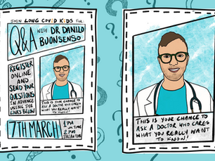 The words on the image say ' Register online and send your questions in advance using the links below. 7th March 1pm UK time 2pm Italian time. The background is blue with black question marks. The image shows a DR Danilo Buonsenso, he is wearing glasses and has brown hair. Artwork by Rosie Pidgeon, Youth Advocate to advertise the event.