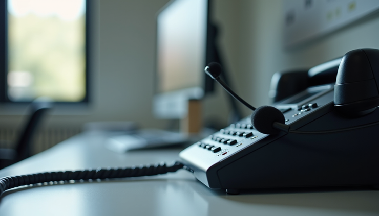 Close-up view of a confidential support hotline phone with headset