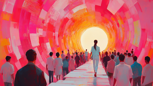 A strong female figure standing at the center of a labyrinth made of medical paperwork