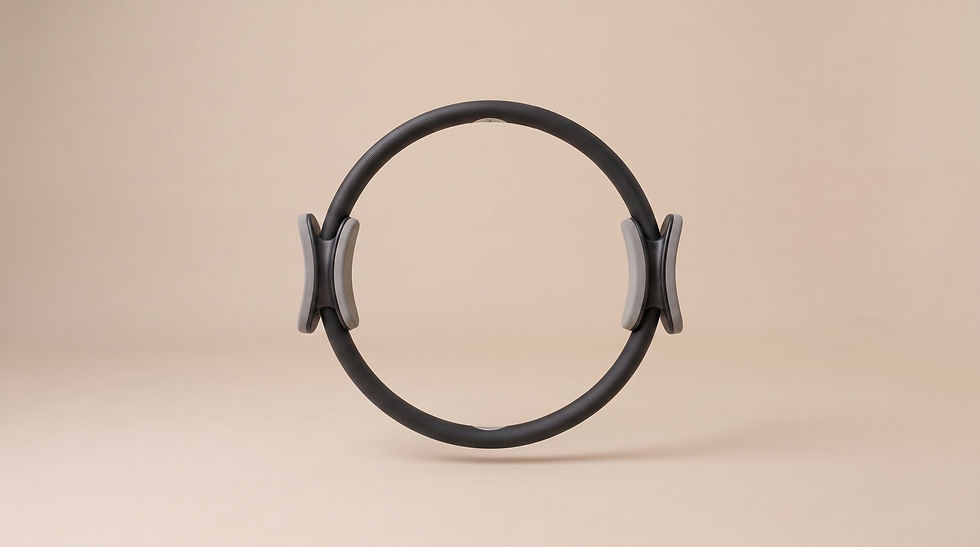 Pilates magic circle floating in front of a tan background