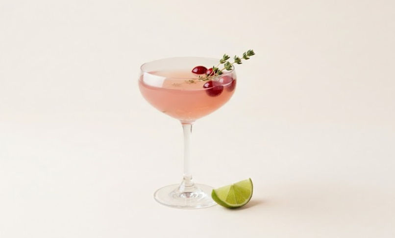 A pretty pink cosmopolitan mocktail garnished with fresh cranberries and a lime wheel served in a classic martini glass