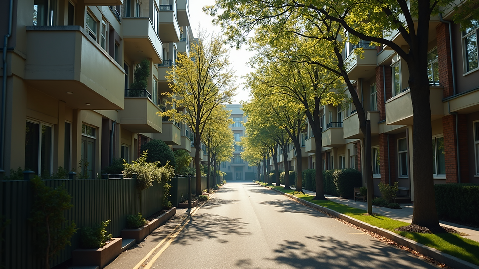 High angle view of a quiet residential street with apartment buildings and trees