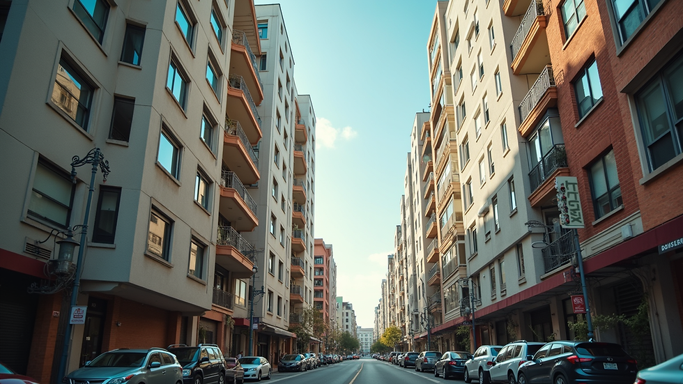 Eye-level view of modern apartment buildings in a lively urban neighborhood