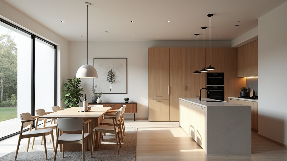 Wide angle view of a new home interior with modern kitchen and living area