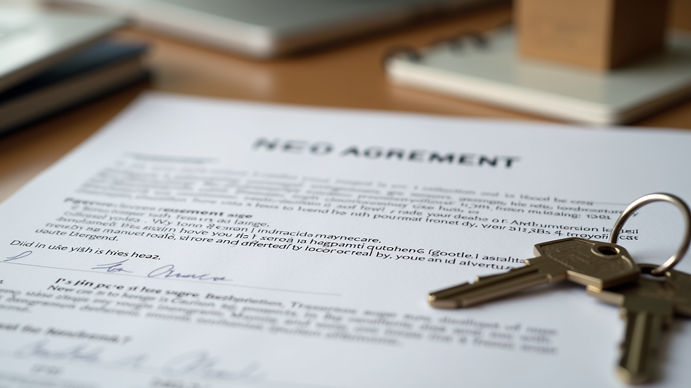 Close-up view of a rental agreement and keys on a table