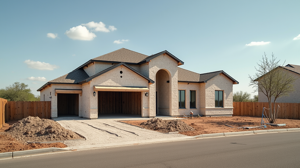 Wide angle view of a new home construction site in San Antonio