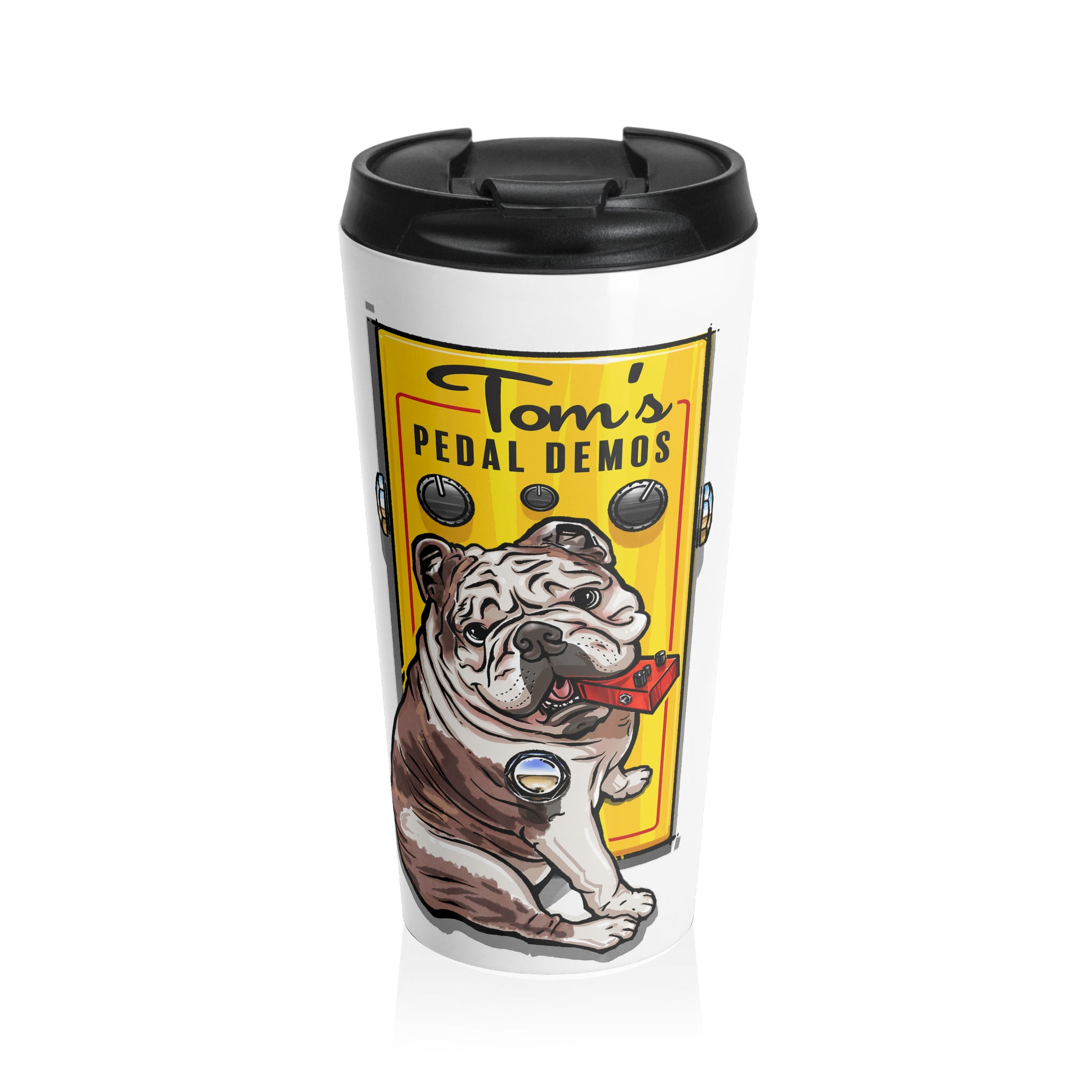 Tom’s Pedal Demos Bulldog Stainless Steel Travel Mug — Funny Guitar Pedal Design
