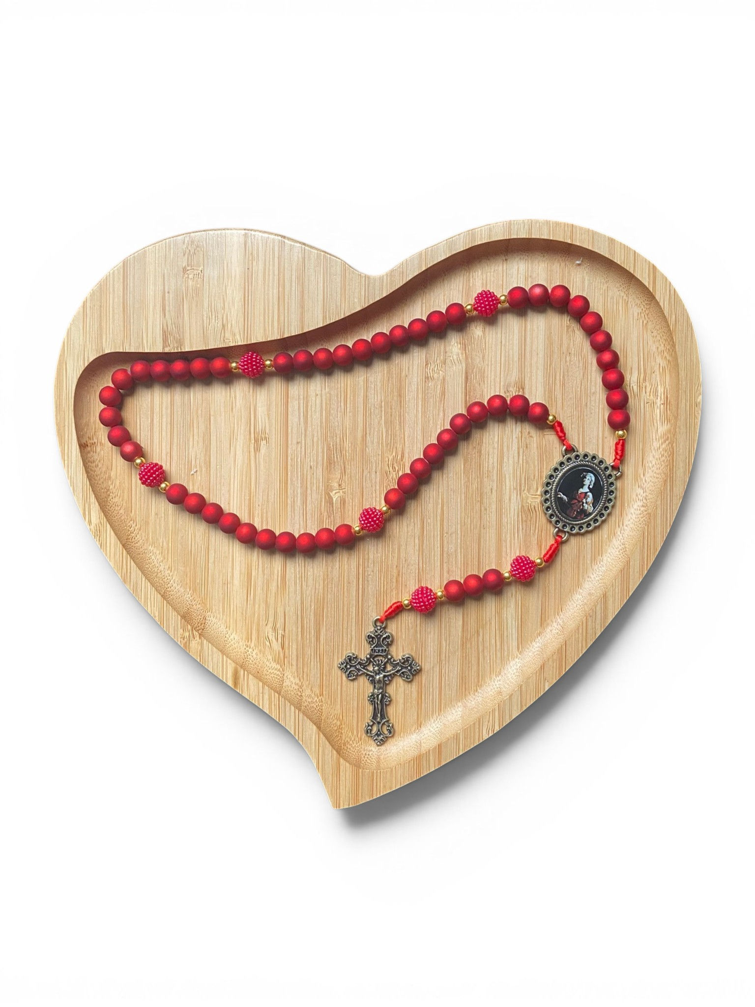 Terço Santa Cecília Vermelho Miçangas Emborrachadas